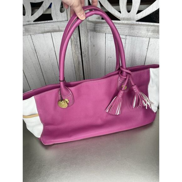 Sigrid Olsen Leather Shoulder Bag Pink Color Block Top Handle Tote - Picture 1 of 7